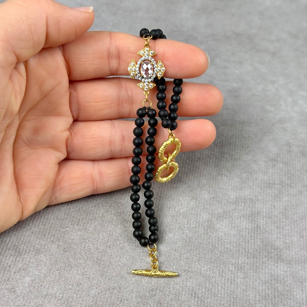 Freida Rothman Matte Black Onyx Double Strand Bracelet Gold Tone Toggle Clasp